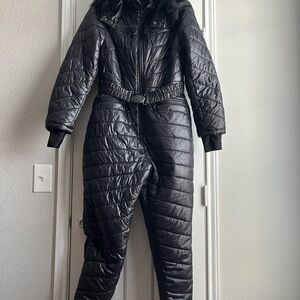 Black Quilted Jumpsuit with Fur Hood
